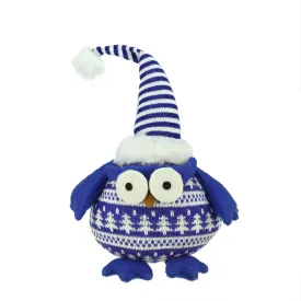 12" Chubby Blue and White Plaid Owl with Striped Hat and Winter Sweater Table Top Christmas Figure