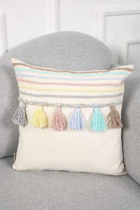 18x18 Colorful Tasseled Throw Pillow Cover with Colorful Strips, Boho Decorative Handicraft Farmhouse Cushion Cover for Living Room,K-204