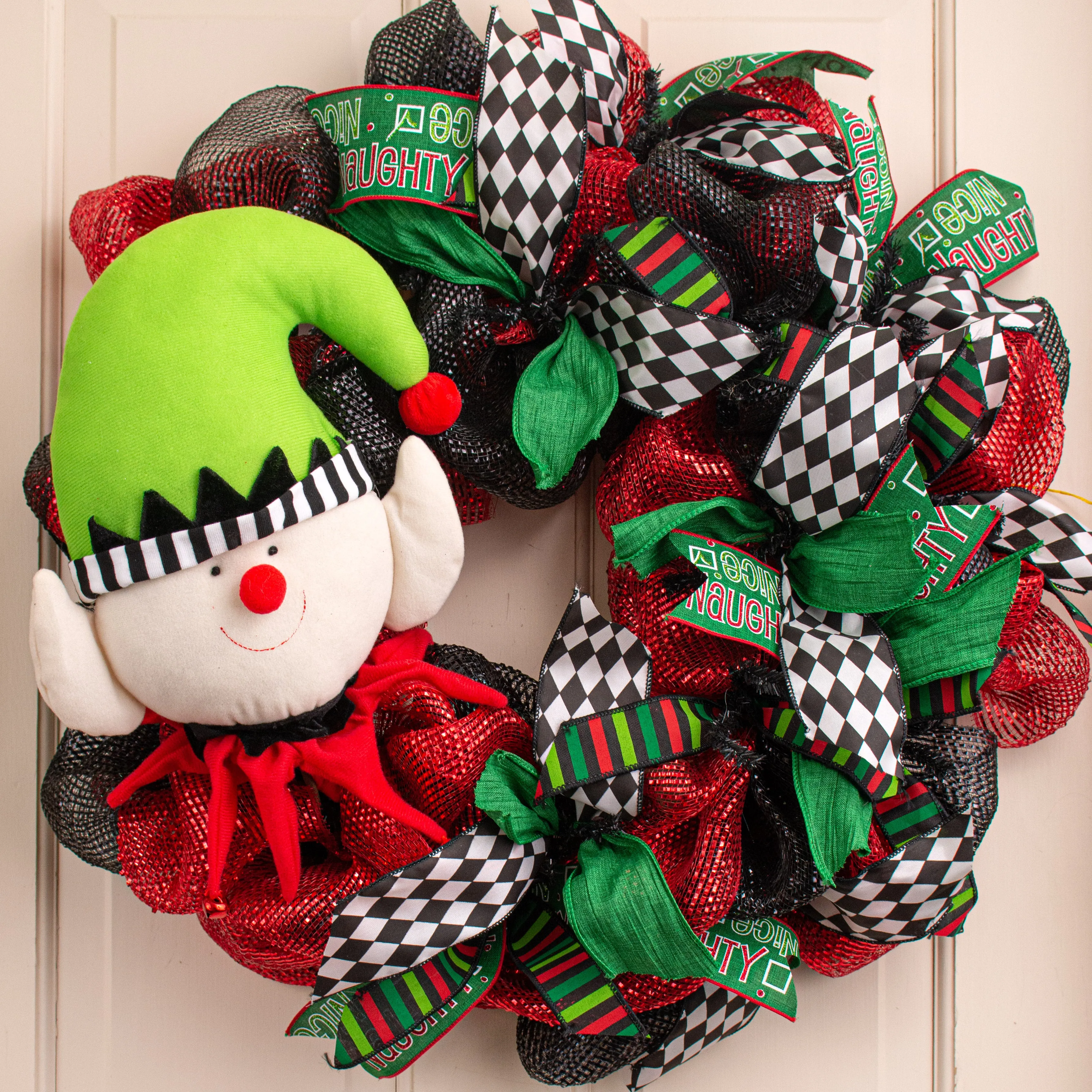 20" Fabric Elf Head With Bells Pick: Black, Lime, Red