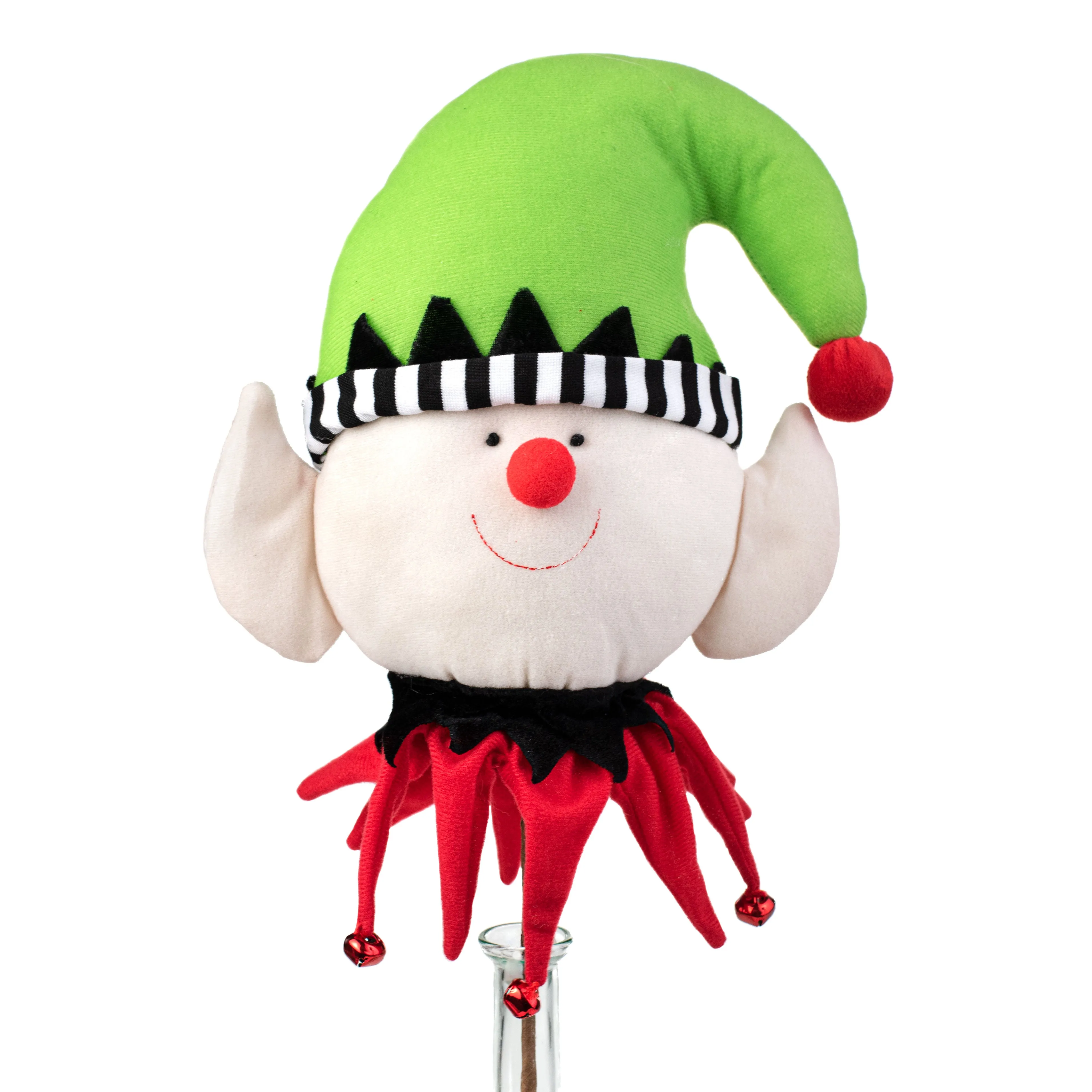 20" Fabric Elf Head With Bells Pick: Black, Lime, Red