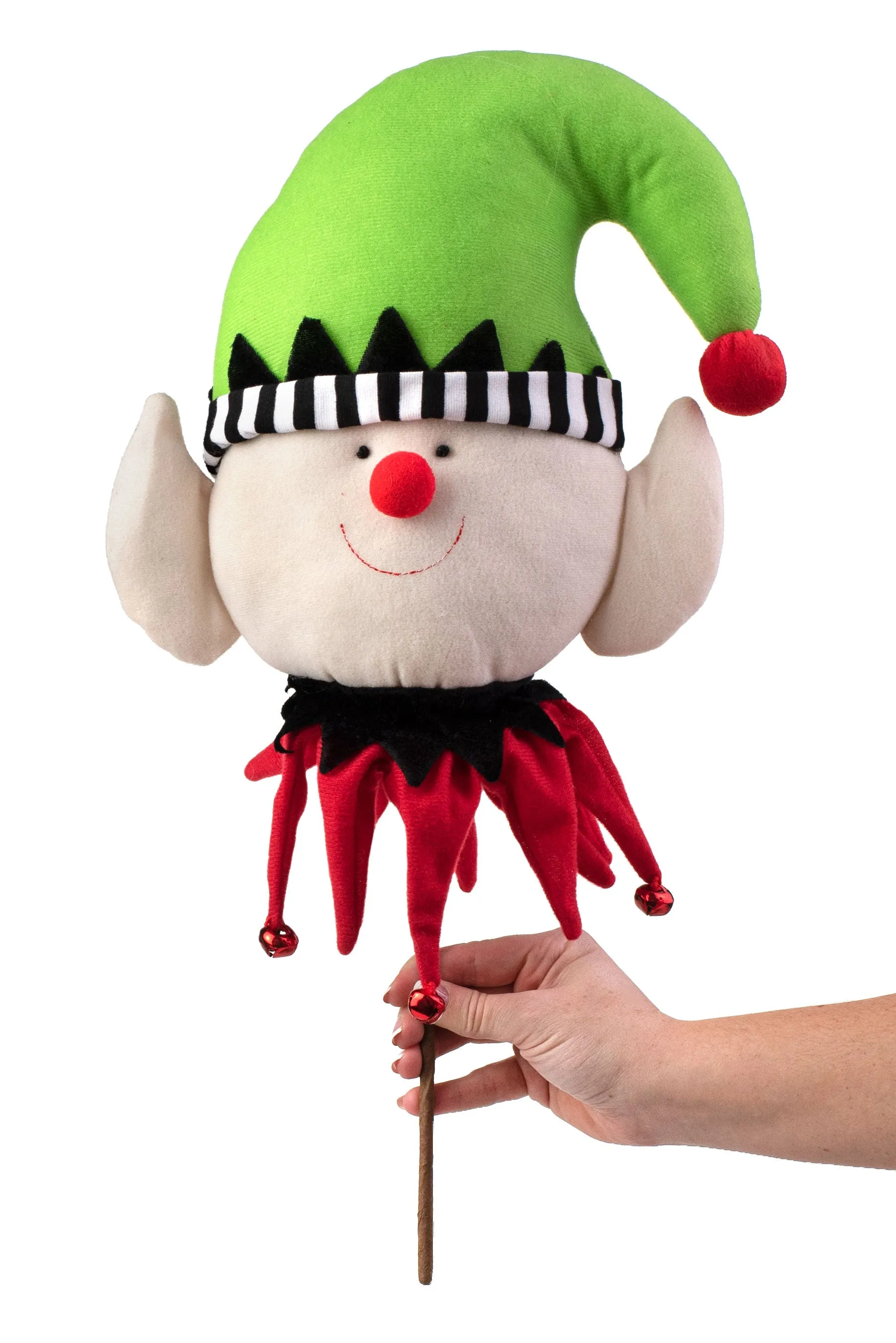 20" Fabric Elf Head With Bells Pick: Black, Lime, Red