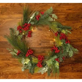 22 Inch Light-Up Christmas Wreath with Pine & Red Cranberries, Battery Operated LED Lights with Timer