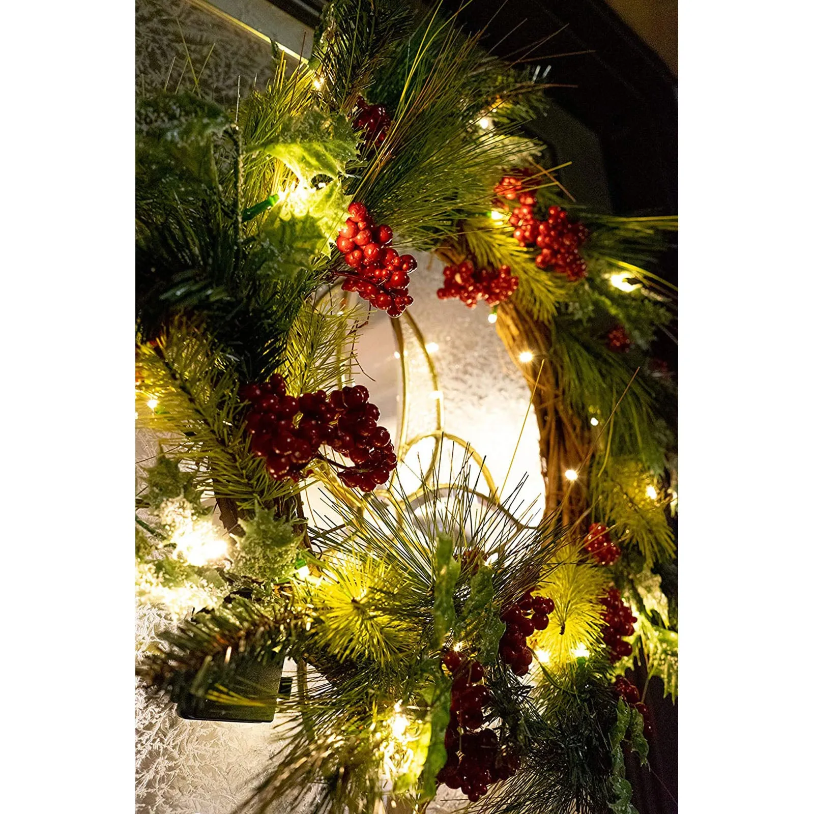 22 Inch Light-Up Christmas Wreath with Pine & Red Cranberries, Battery Operated LED Lights with Timer