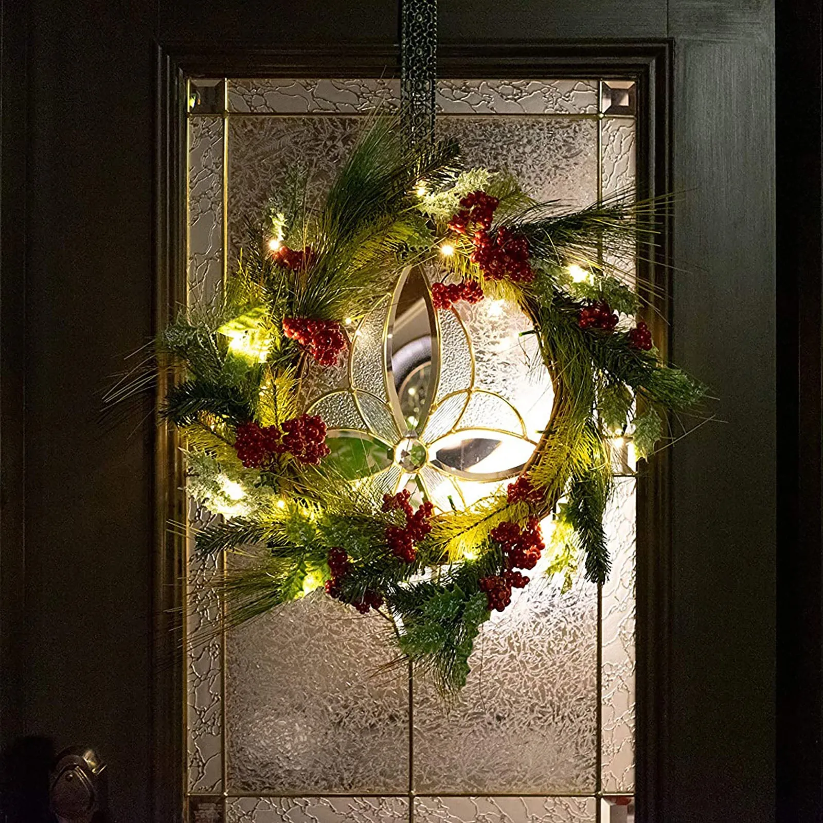 22 Inch Light-Up Christmas Wreath with Pine & Red Cranberries, Battery Operated LED Lights with Timer