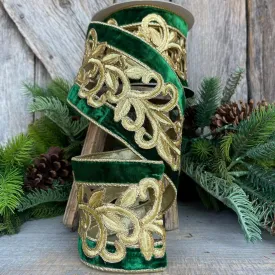 4" Emerald Green Gold Embroidered Lancet Ribbon, Farrisilk Ribbon