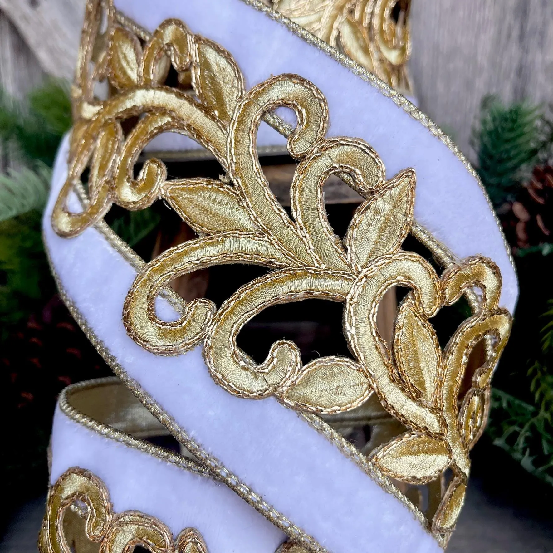 4" White Gold Embroidered Lancet Ribbon, Farrisilk Ribbon