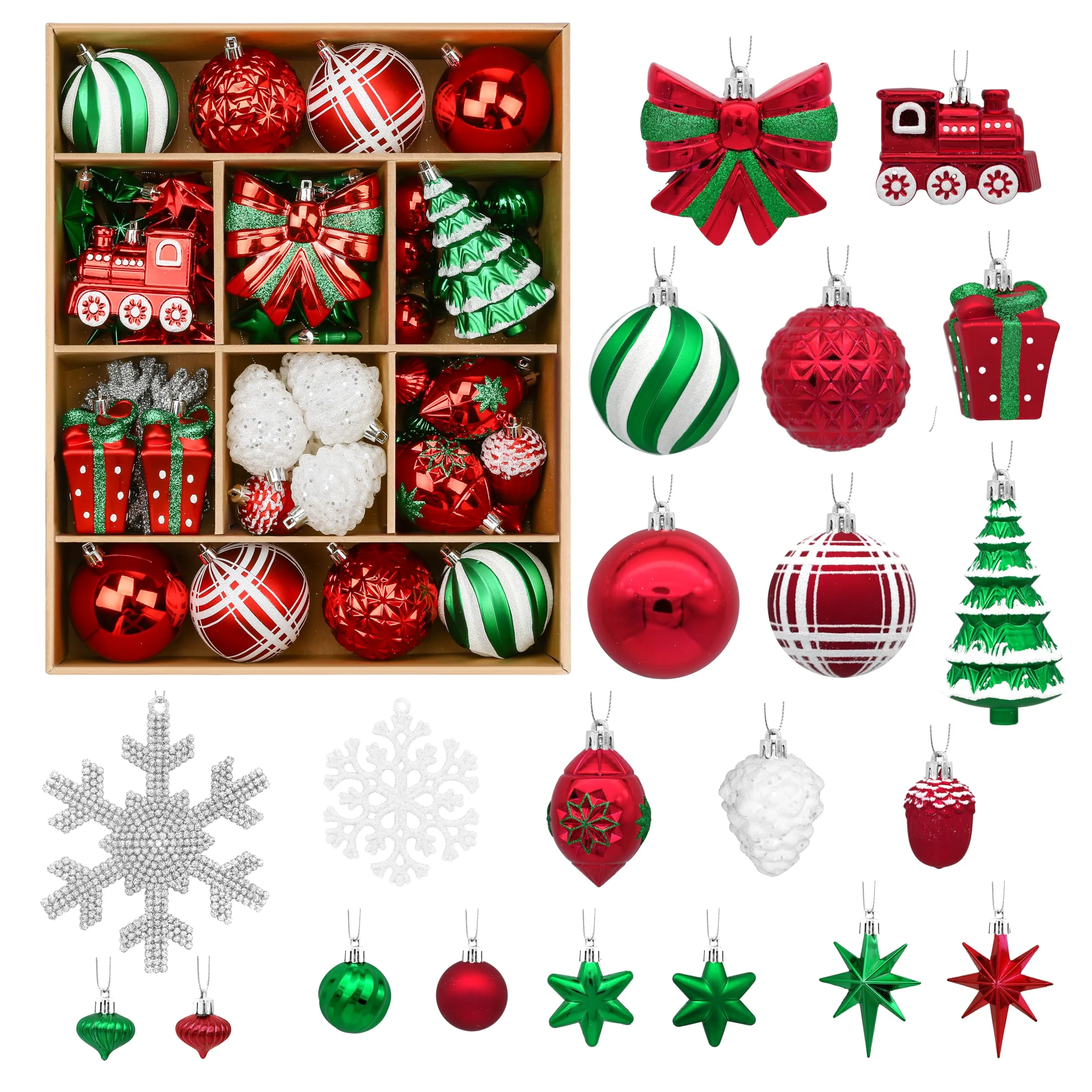 82pcs Red,Green and White Christmas Balls Ornaments Set with Hanging Strings