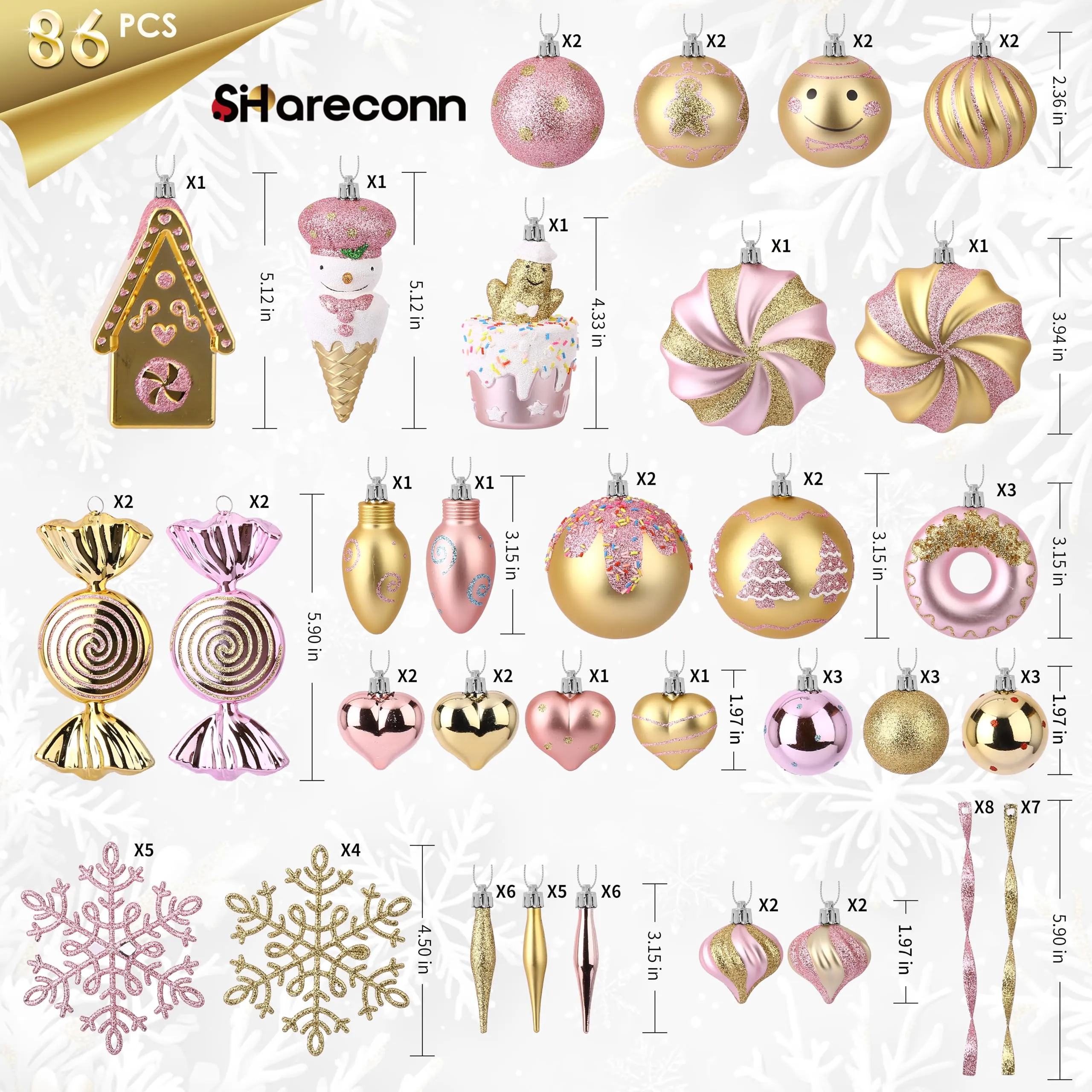 86pcs Gold & Pink Christmas Tree Balls Ornaments