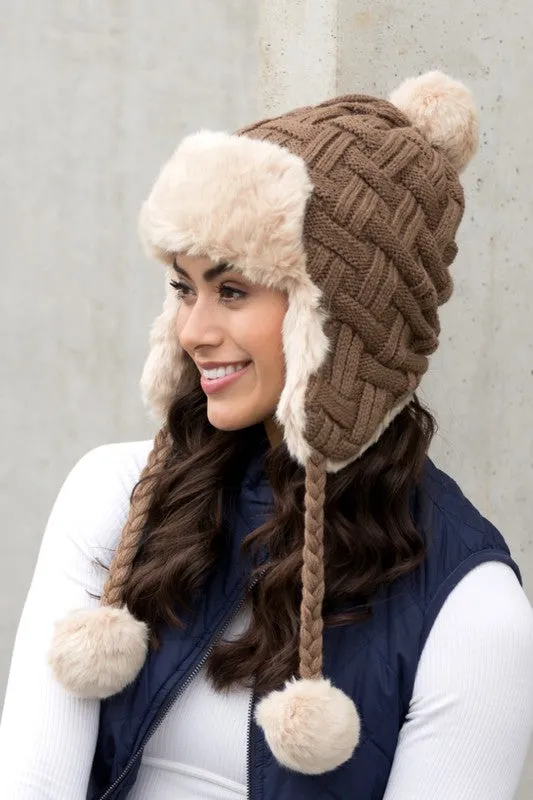 Aili's Corner Cable Weave Pom Trapper Hat