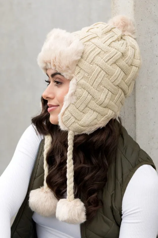 Aili's Corner Cable Weave Pom Trapper Hat