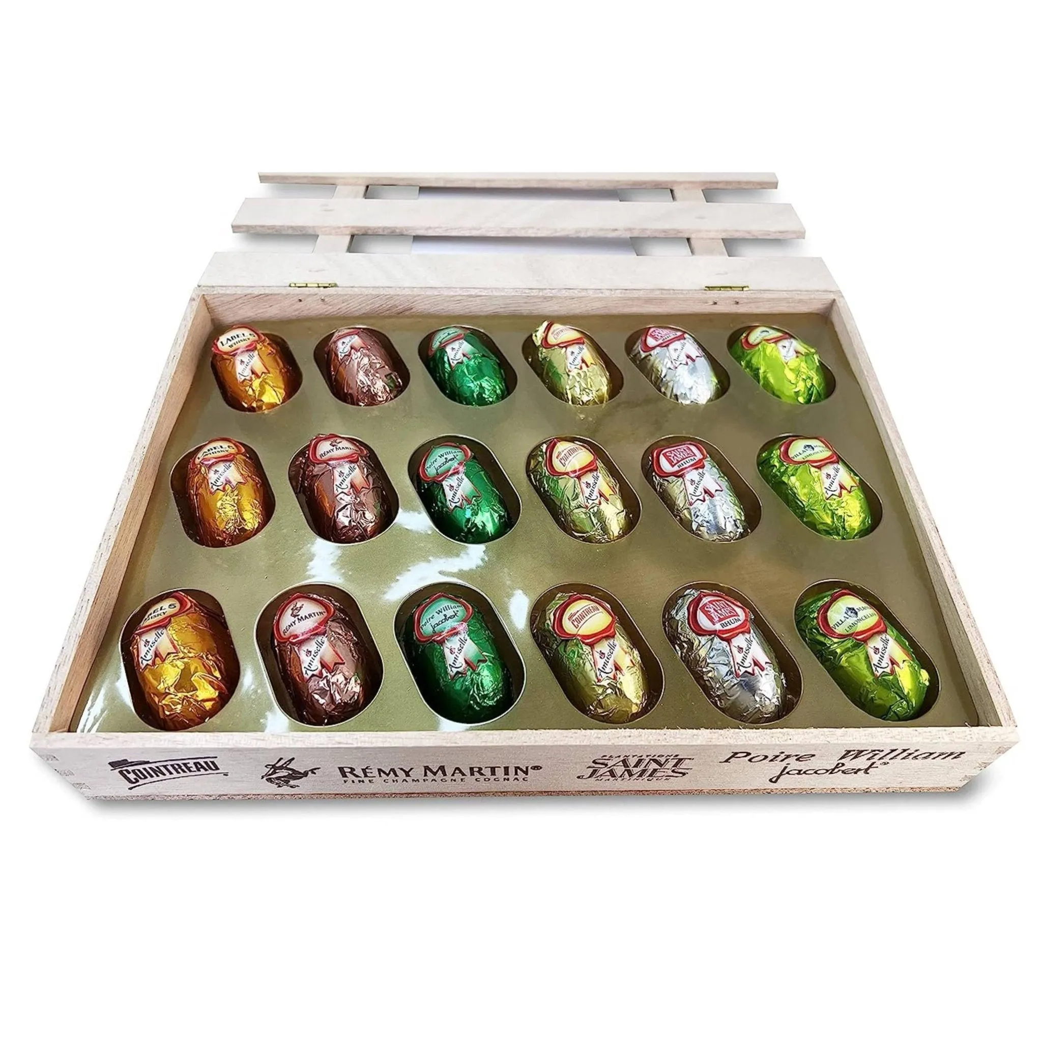 Andy Anand European Liquor Flavored Dark Chocolate Bottles, Assortment Of Premium Selection, Filled with Top-Shelf Non Alcoholic liqueur, Packed in a Wooden Gift Box - 18 Count