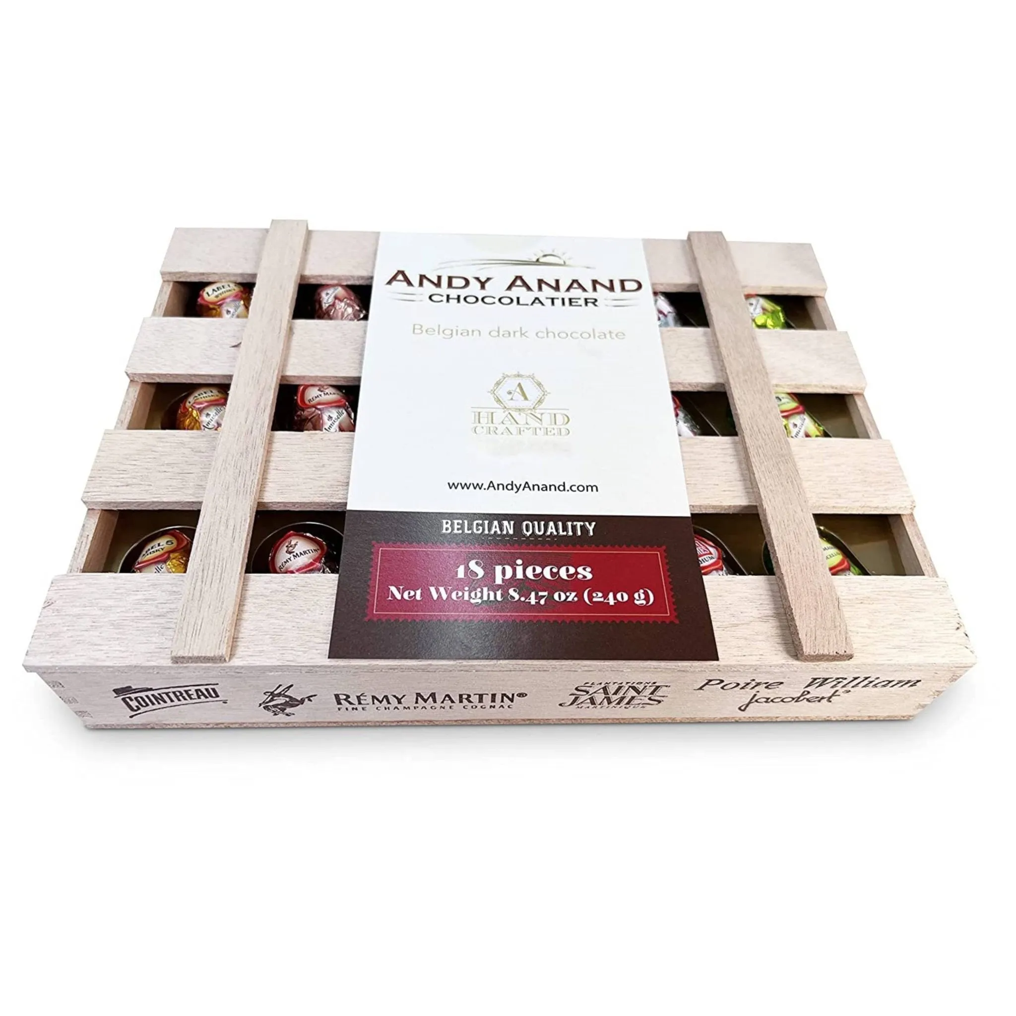 Andy Anand European Liquor Flavored Dark Chocolate Bottles, Assortment Of Premium Selection, Filled with Top-Shelf Non Alcoholic liqueur, Packed in a Wooden Gift Box - 18 Count