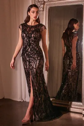 Black Nude Sheath Embroidered Sequin Long Mother Of The Bride Dress CDCC4007