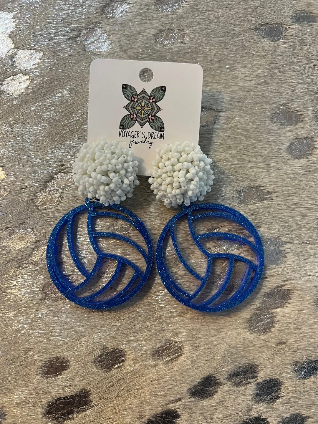 Sparkling Blue Glitter Volleyball Earrings with White Accents