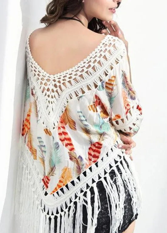 Boho Orange Print Tasseled Patchwork Bikini Beach Cover Up VC034