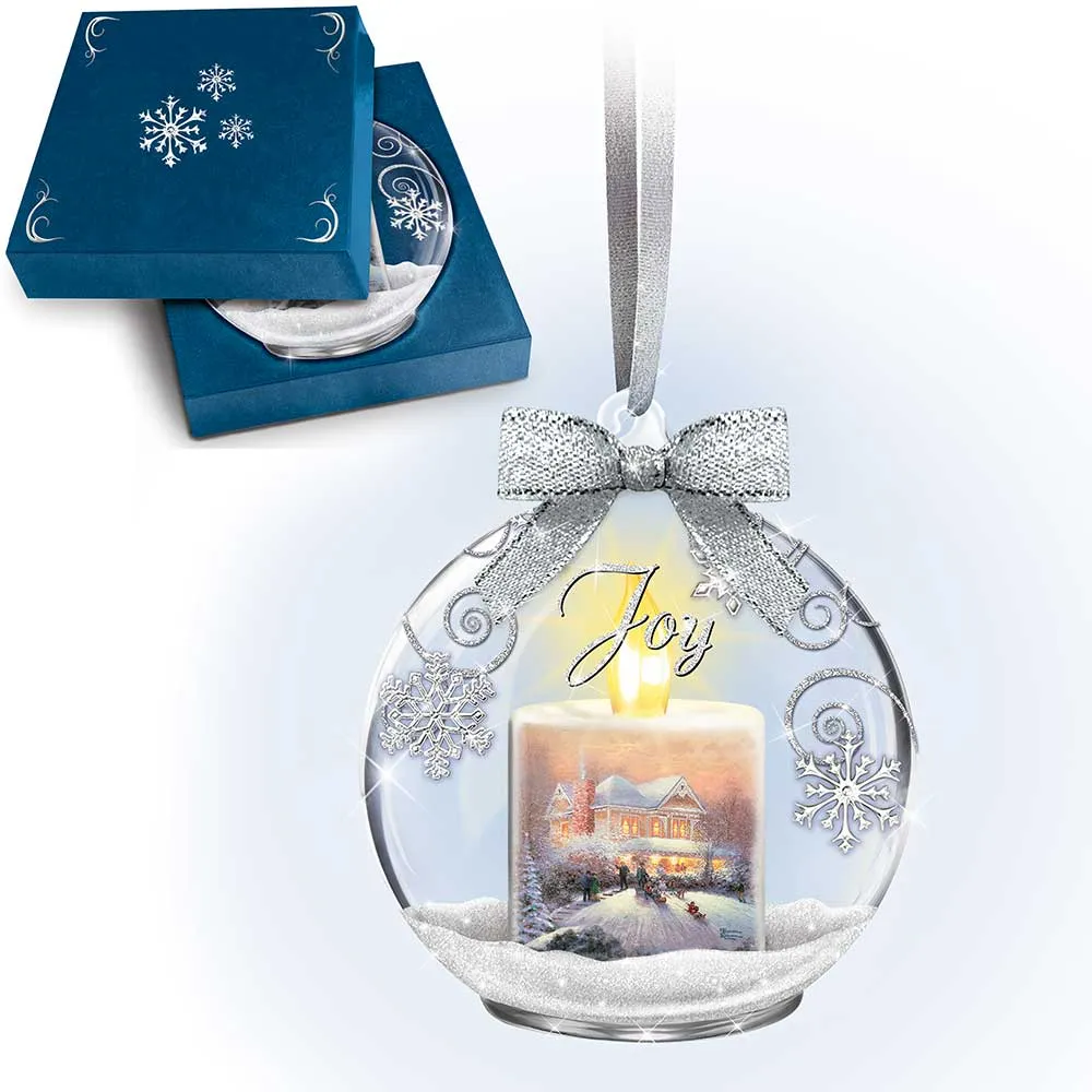 Bradford Exchange Thomas Kinkade JOY Candles Glow Illuminated Glass Ornament