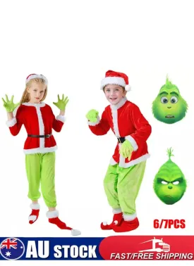 Children Grinch Suit Party Costume Play Mask Xmas Santa Outfit Dress Hat 7 pcs