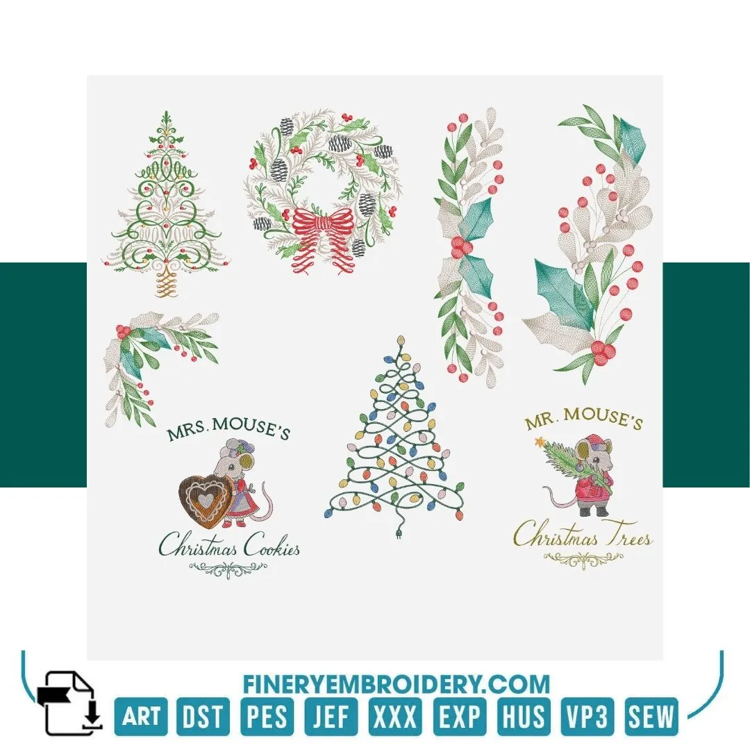 Christmas Collection Embroidery Design Pack – Holiday Trees, Wreaths & Mr. and Mrs. Mouse | FineryEmbroidery