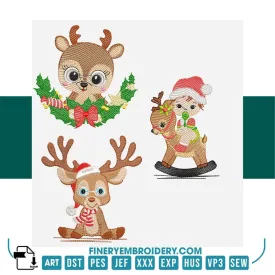 Christmas Reindeer Embroidery Design Pack – 3 Adorable Designs | FineryEmbroidery