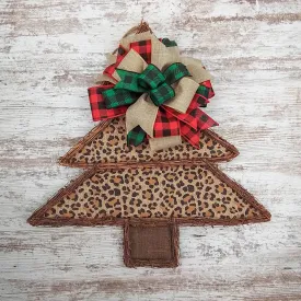 Christmas Tree Animal Print Winter Grapevine Wreath - Christmas Door Hanger Oversized Bow Jute Burlap Door Decor ; Black Brown Red