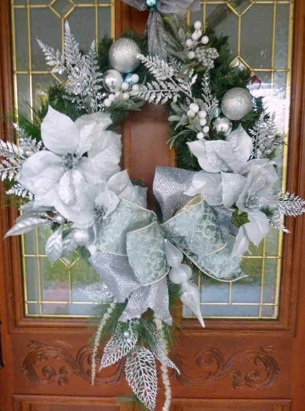 Christmas Wreath, Blue, Silver and white Christmas wreath, Designer Wreaths with D Stevens Ribbon