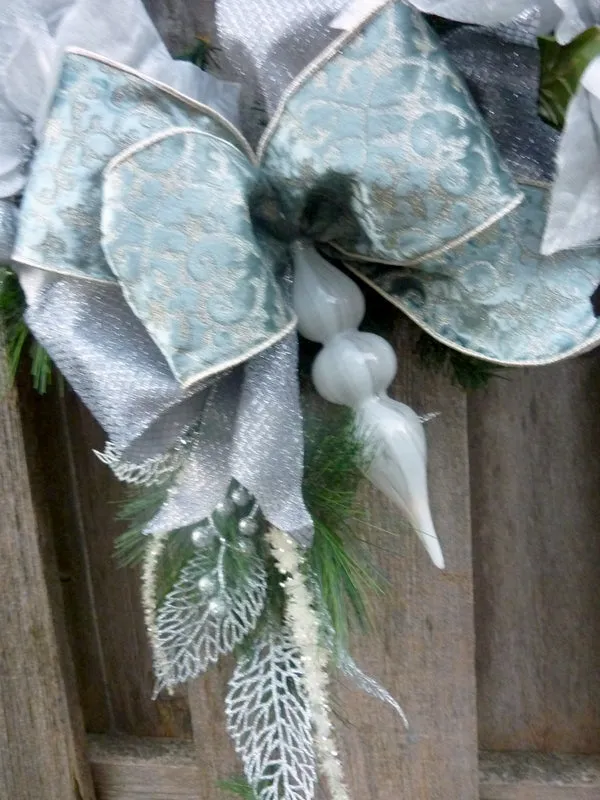 Christmas Wreath, Blue, Silver and white Christmas wreath, Designer Wreaths with D Stevens Ribbon