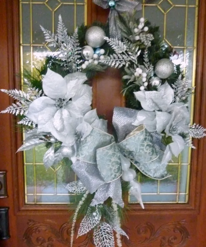 Christmas Wreath, Blue, Silver and white Christmas wreath, Designer Wreaths with D Stevens Ribbon