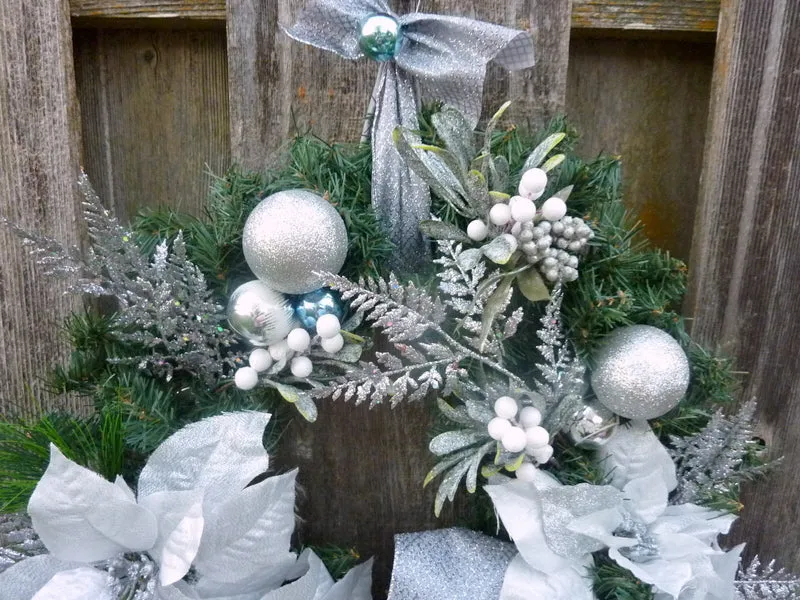 Christmas Wreath, Blue, Silver and white Christmas wreath, Designer Wreaths with D Stevens Ribbon