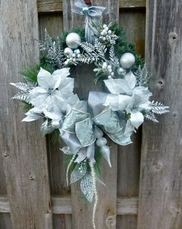 Christmas Wreath, Blue, Silver and white Christmas wreath, Designer Wreaths with D Stevens Ribbon