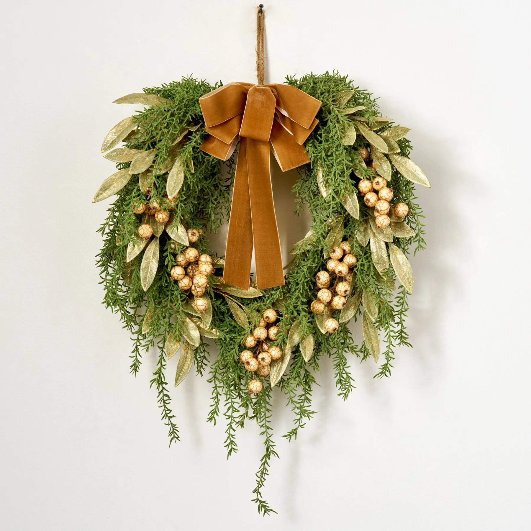 Downswept Pine Wreath with Gilded Eucalyptus, Rose Gold Crackle Berry, Velvet Draped Bow Winter Christmas Wreath