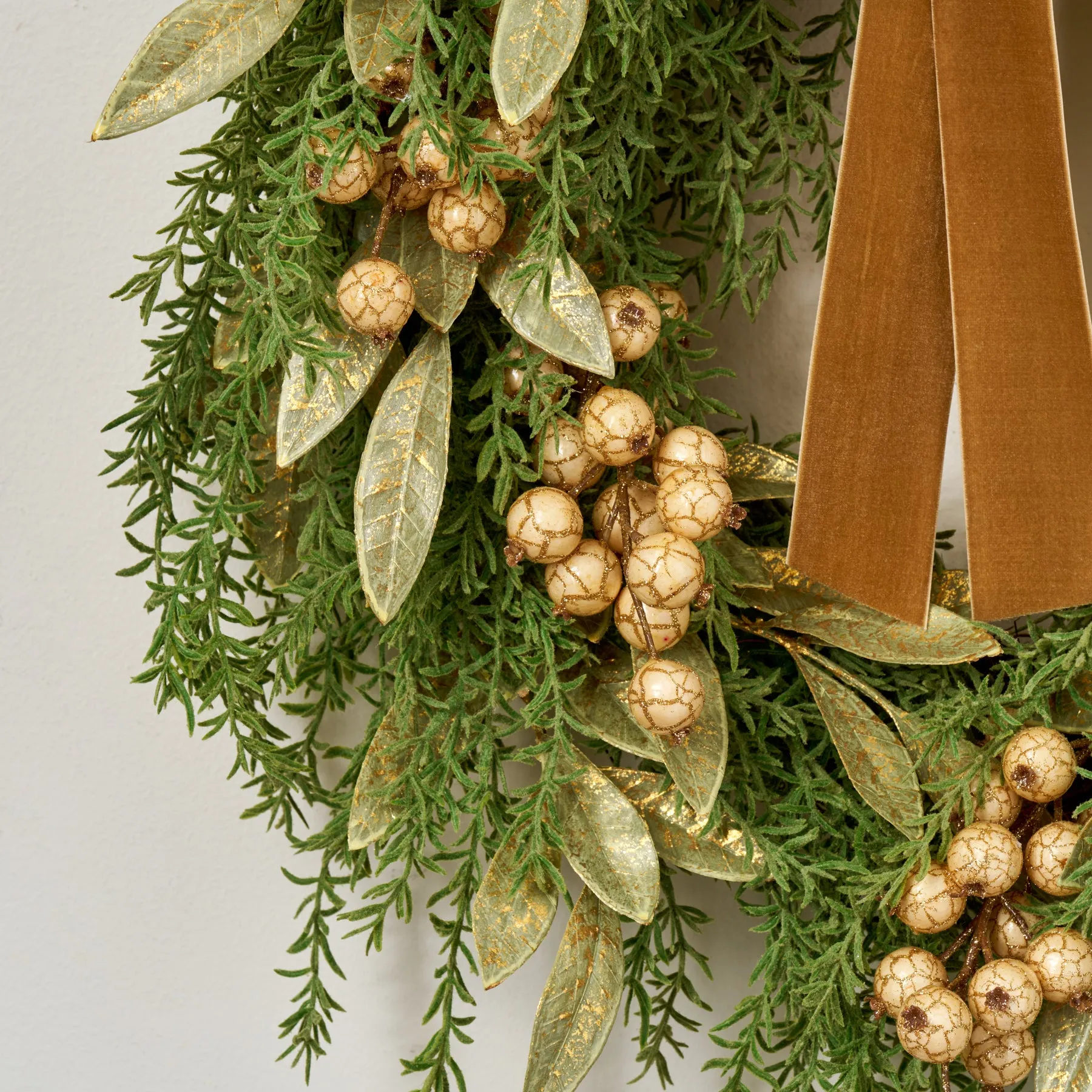 Downswept Pine Wreath with Gilded Eucalyptus, Rose Gold Crackle Berry, Velvet Draped Bow Winter Christmas Wreath