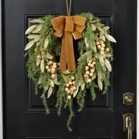 Downswept Pine Wreath with Gilded Eucalyptus, Rose Gold Crackle Berry, Velvet Draped Bow Winter Christmas Wreath