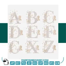 Elegant Butterfly and Bow Alphabet Embroidery Design Pack – 26 Letters | FineryEmbroidery