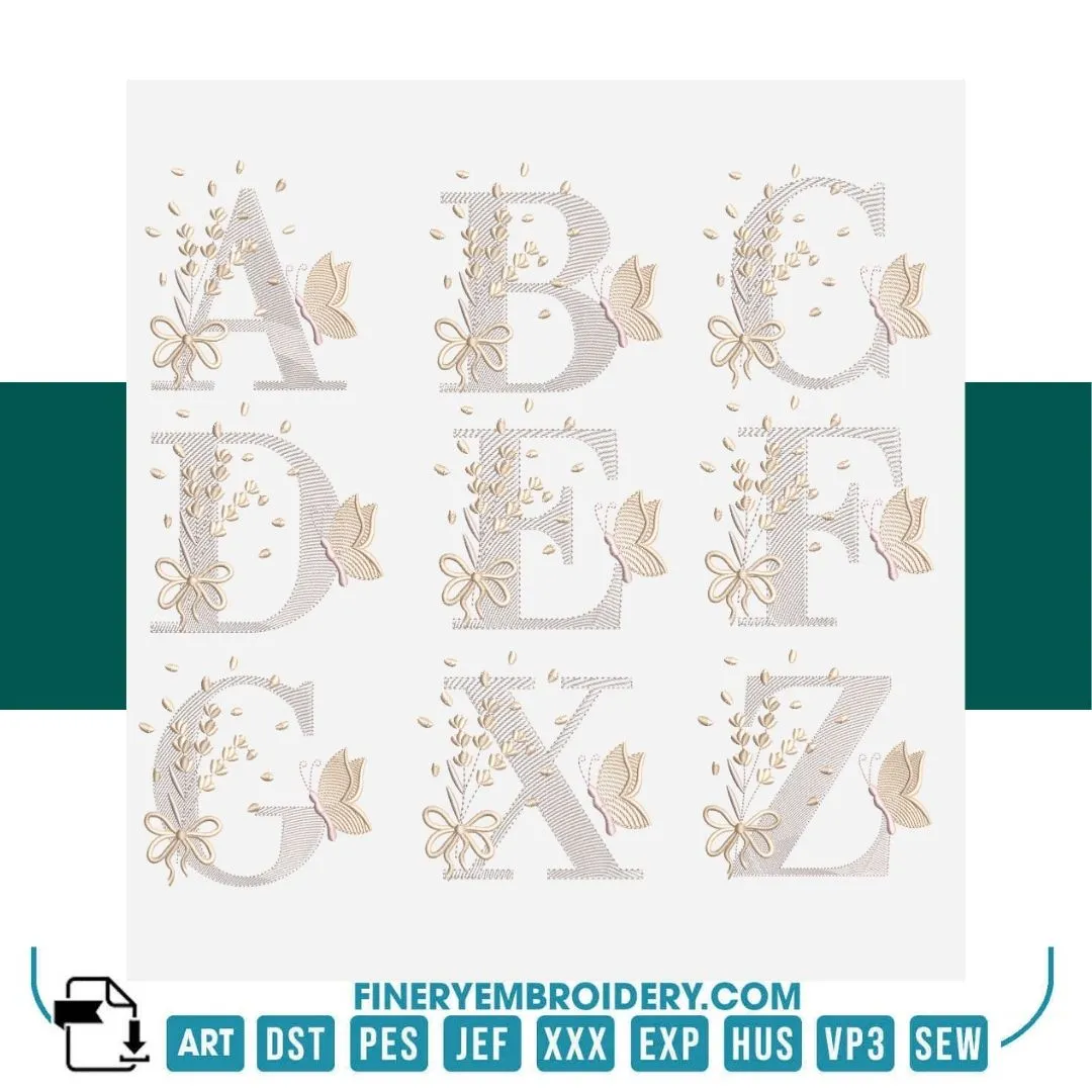 Elegant Butterfly and Bow Alphabet Embroidery Design Pack – 26 Letters | FineryEmbroidery