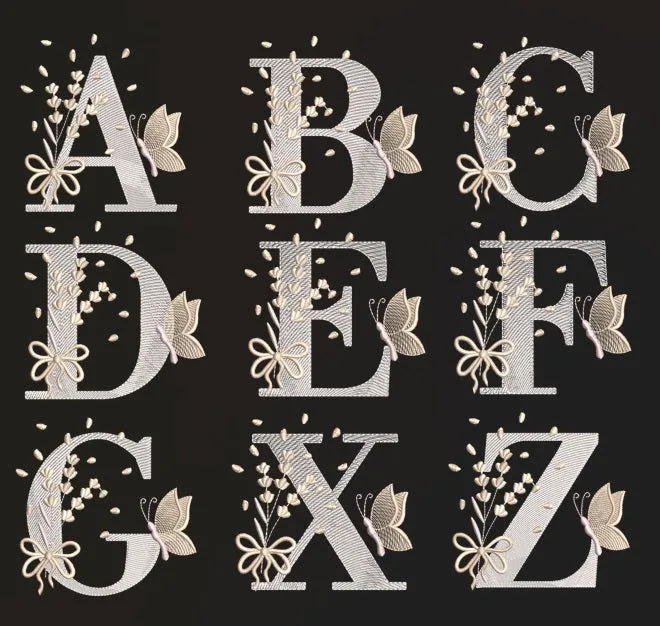 Elegant Butterfly and Bow Alphabet Embroidery Design Pack – 26 Letters | FineryEmbroidery