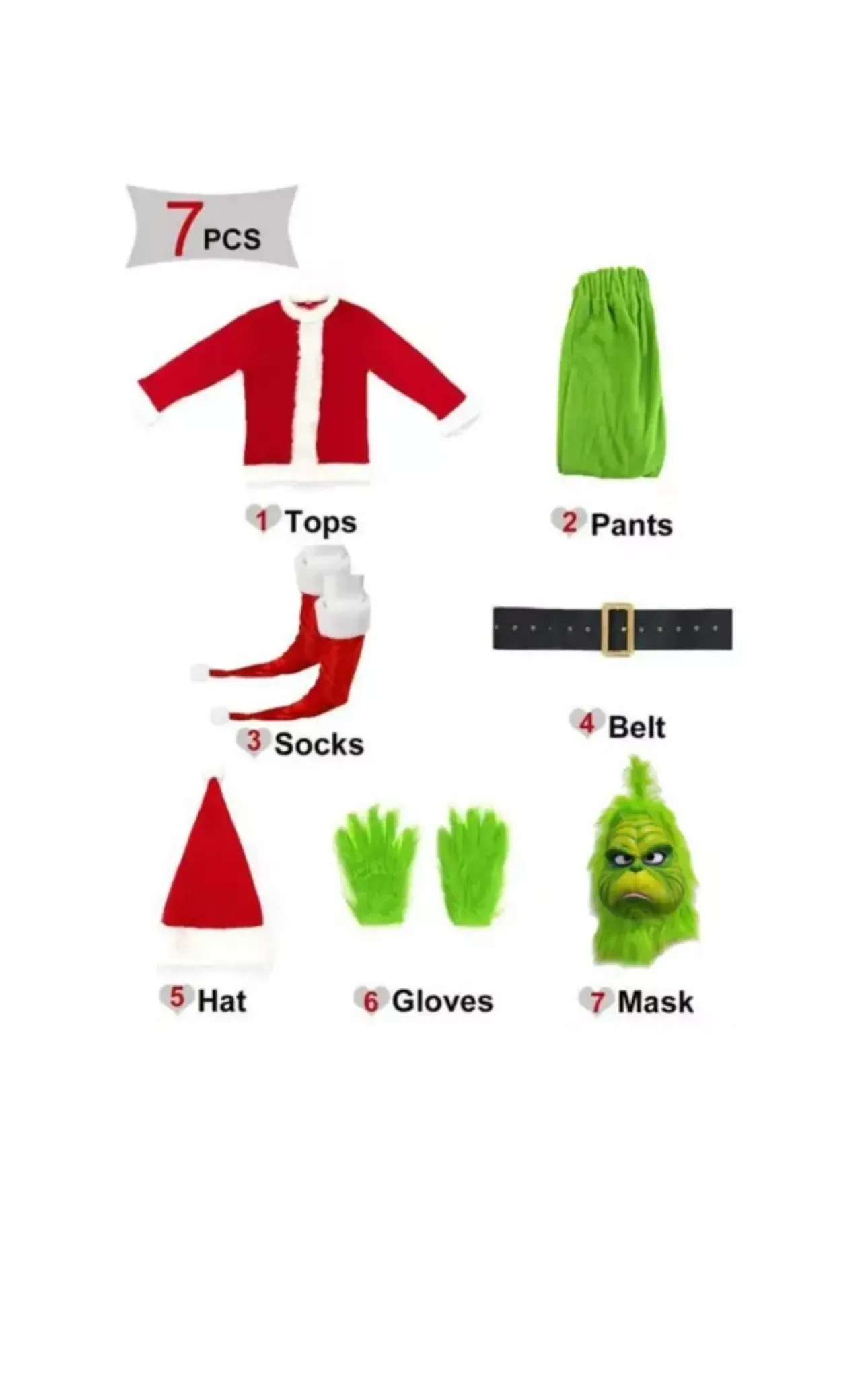 GRINCH Party Costume Grinch Suit 7 pcs