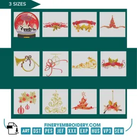 Holiday Decorations Embroidery Design Pack – 12 Festive designs - 3 Sizes