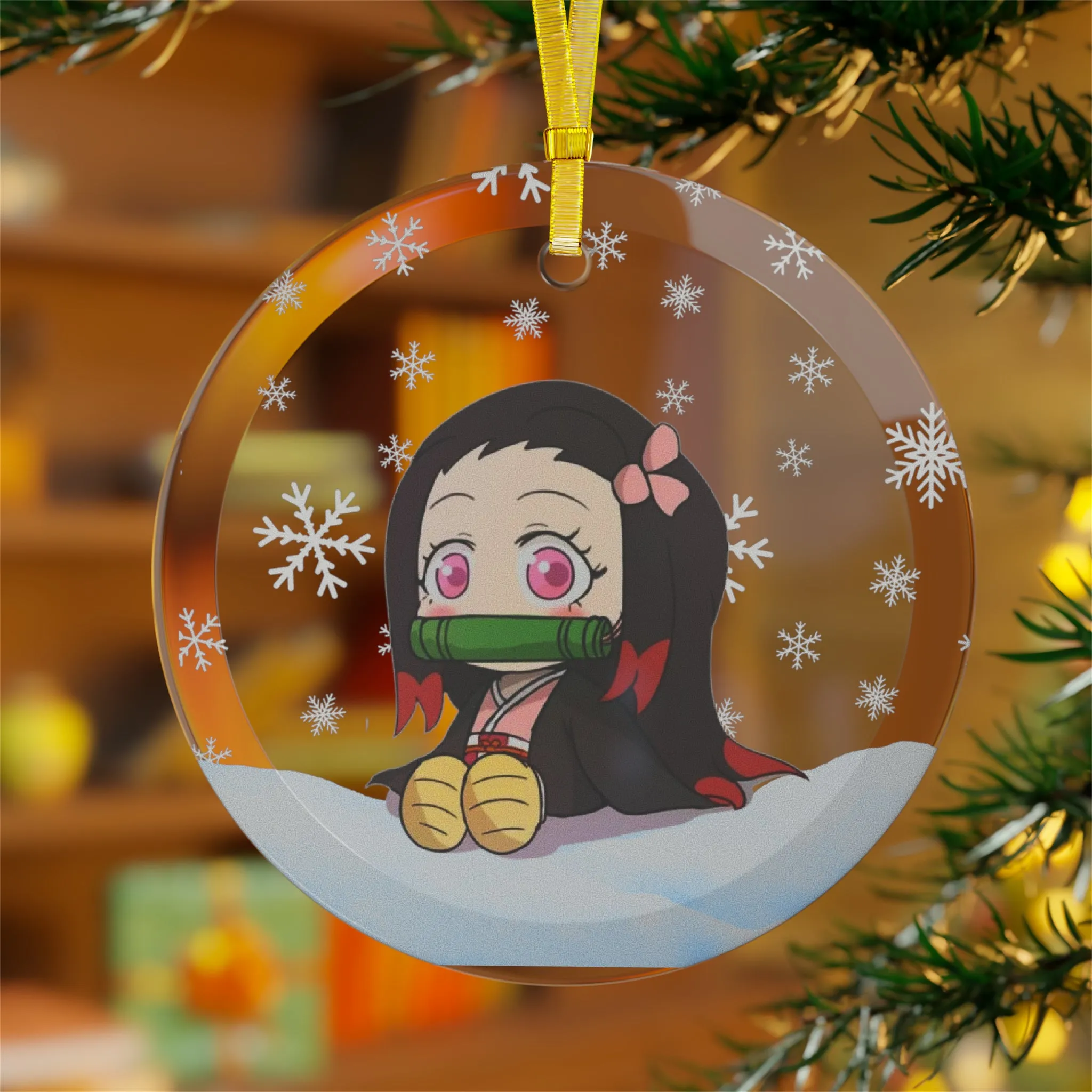 Kawaii Anime Glass Ornament -Charming Anime Decoration with Golden Ribbon