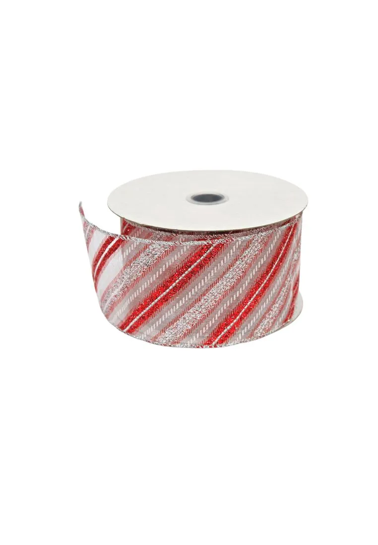 Landmark Christmas Ribbon 2.5" x 5 yards with Red Line Design - White