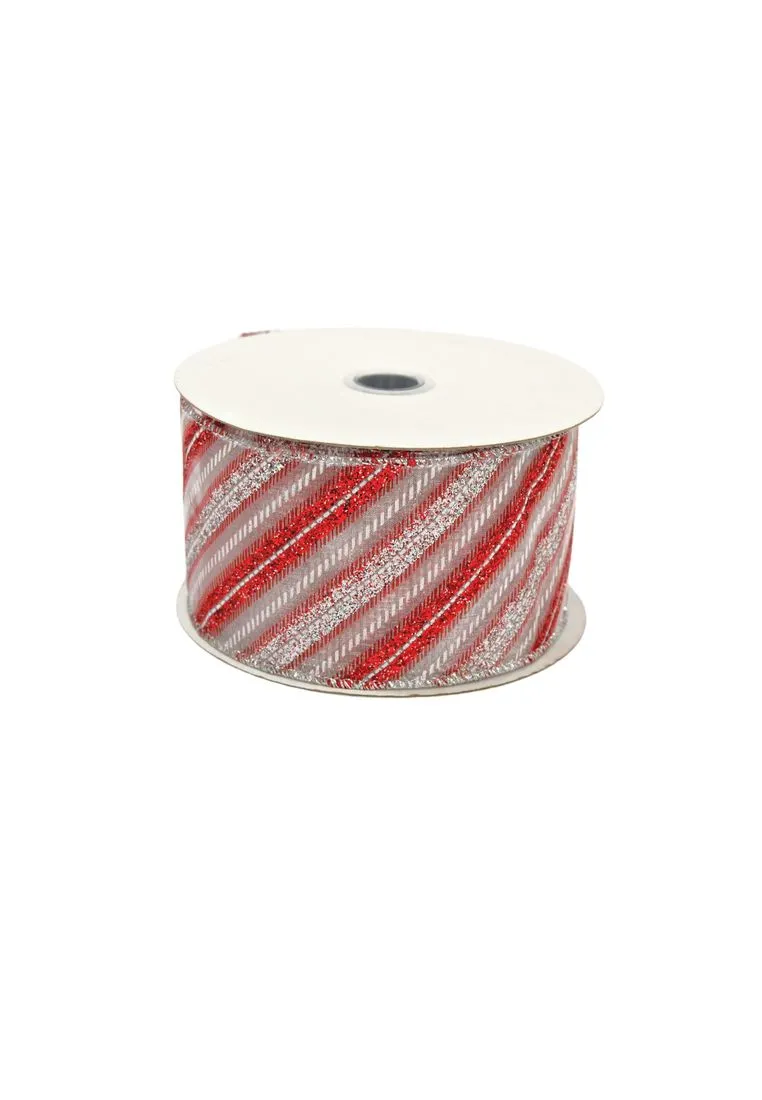 Landmark Christmas Ribbon 2.5" x 5 yards with Red Line Design - White