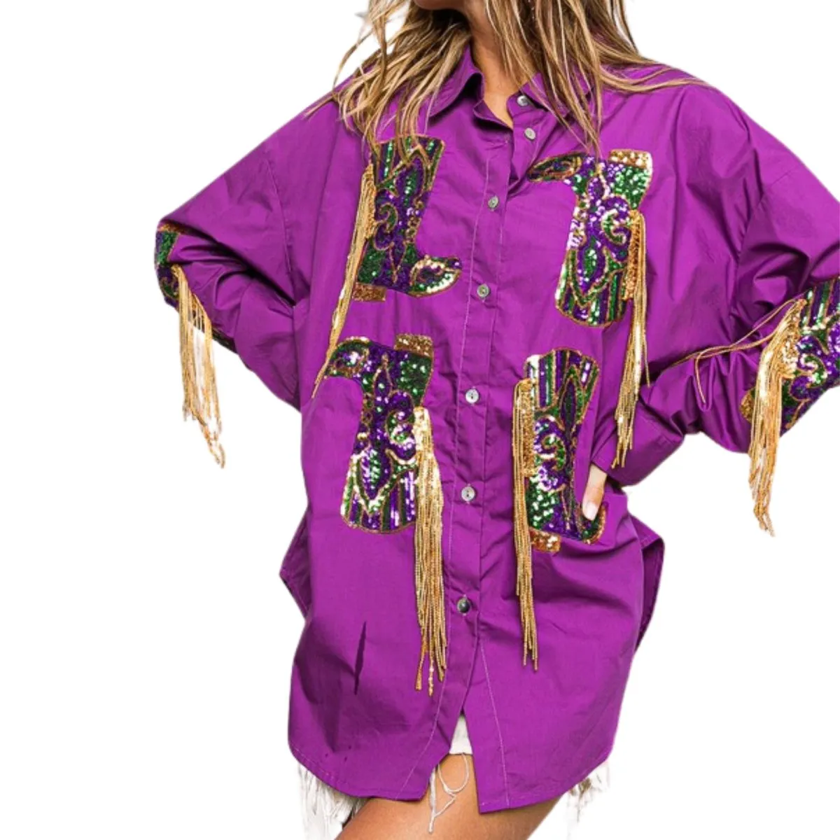 Mardi Gras Sequin Boots Embroidery Shirt