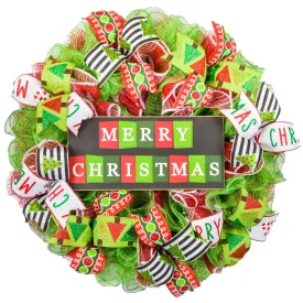 Merry Christmas Wreath - Bright Holiday Decoration Front Door Wreaths - Red Green White Sparkle