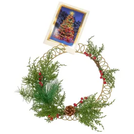 Red Co. 13.5” Decorative Golden Metal Spiral Christmas Card Holder Wreath with Evergreen Pine and Red Berries