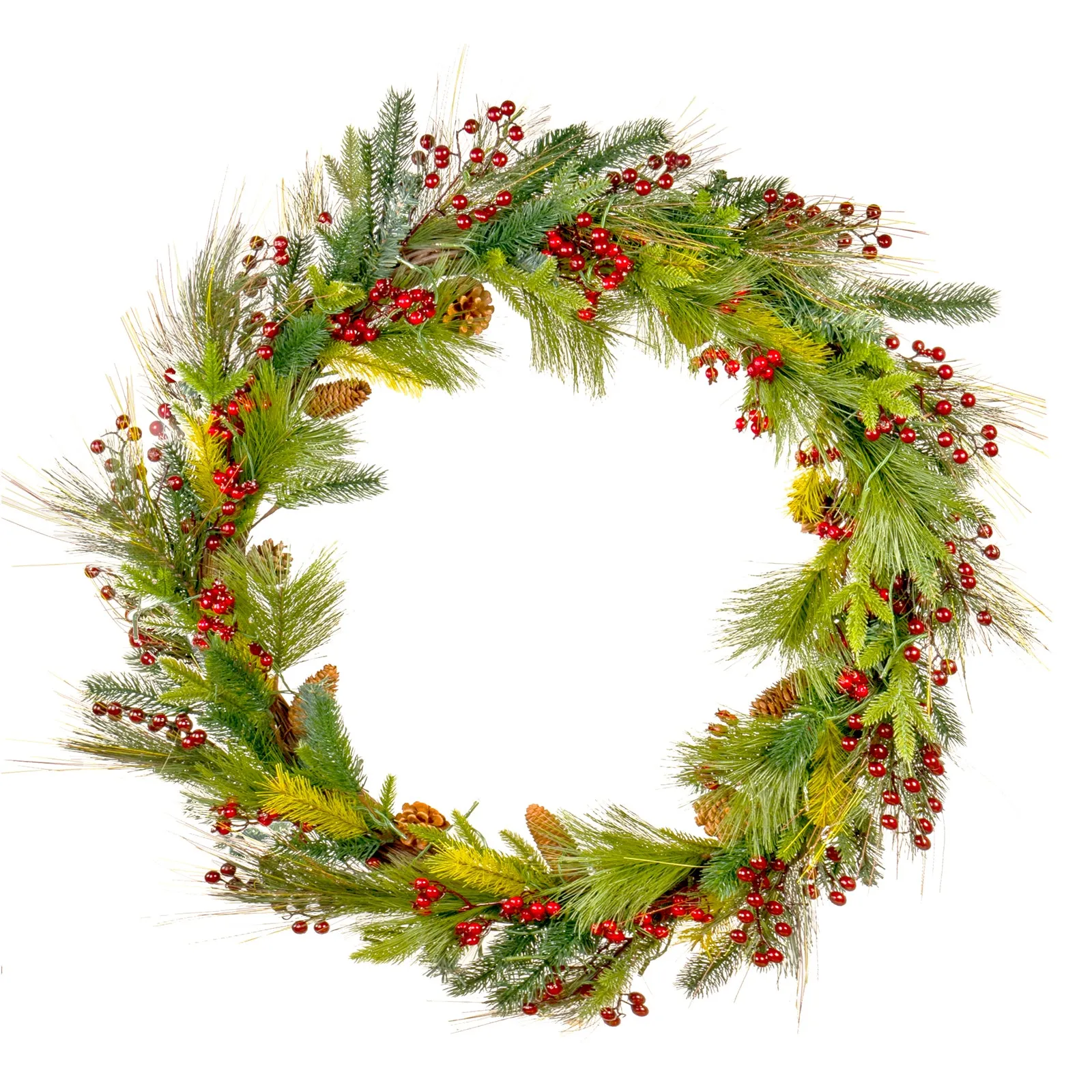 Red Co. Light-Up Christmas Wreath with Pinecones & Pine, Battery Operated LED Lights with Timer (36 inches - Diameter)