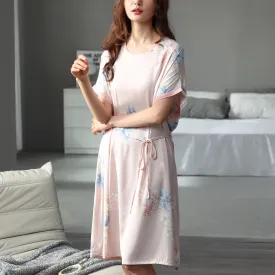 Round Neck Loose Fit Floral Print Silk Pajama Dress  #79202