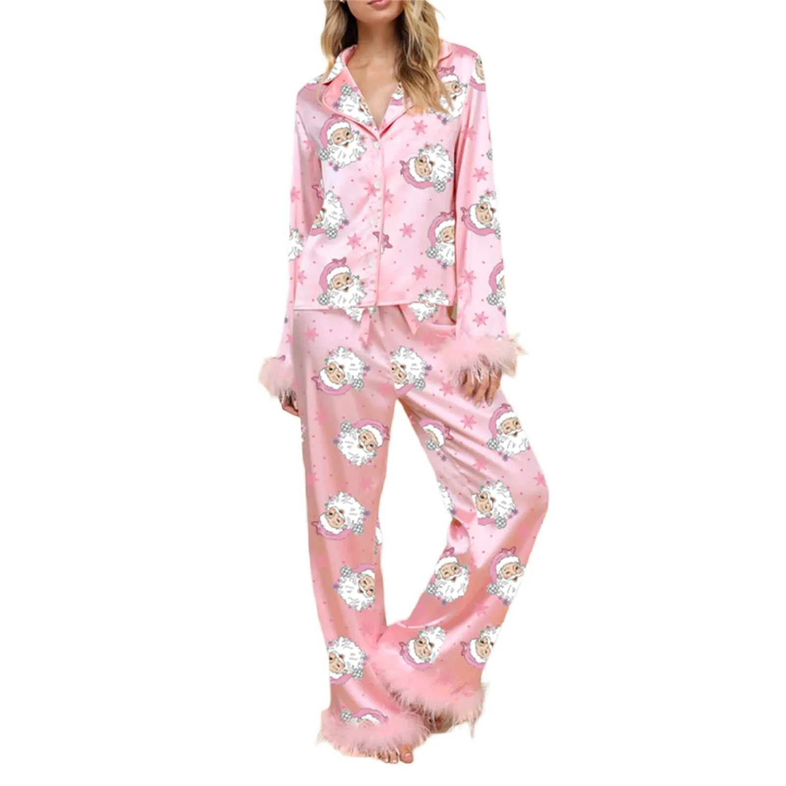 Toleet-Christmas Pajamas for Women Silk Satin Lounge Sets Feather Trim Long Sleeve Shirt Pants Christmas Pjs Sleepwear Festival Rave